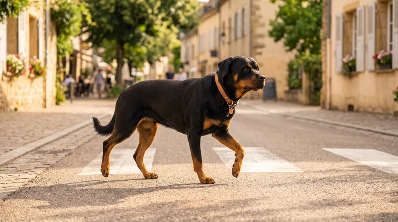 Rottweiler cruzando una calle en un día de verano