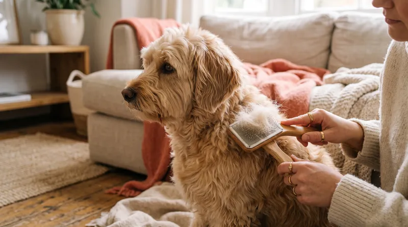 Perro de pelo largo siendo cepillado en casa, con pelo suelto recogido en el cepillo