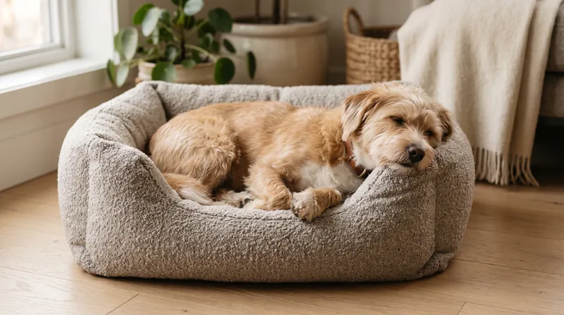 Perro descansando enroscado con la cabeza apoyada en el borde de una cama tipo nido acolchada, en un salón cálido