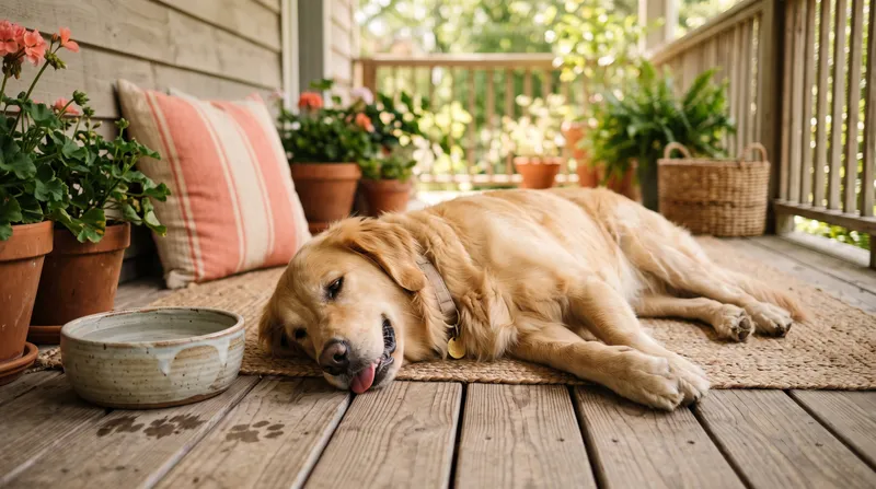 Golden retriever descansando tranquilo a la sombra de un porche junto a su cuenco de agua