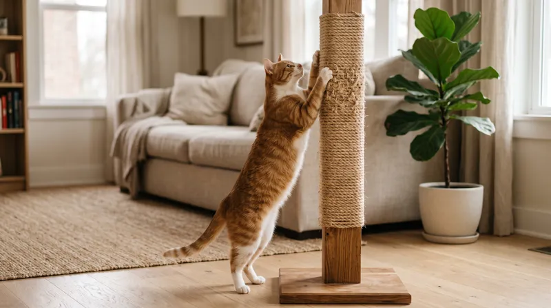 Gato atigrado naranja estirado afilando las uñas en un rascador de poste forrado en sisal, junto al sofá de un salón luminoso