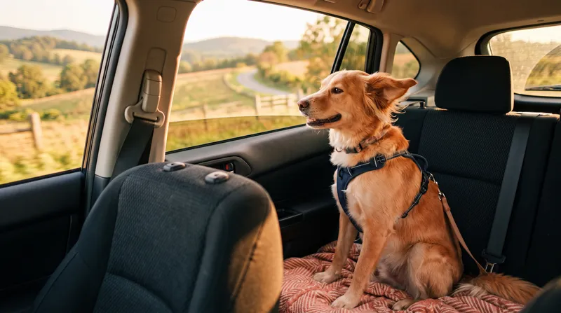 Perro con arnés de seguridad mirando por la ventanilla en un viaje en coche por el campo