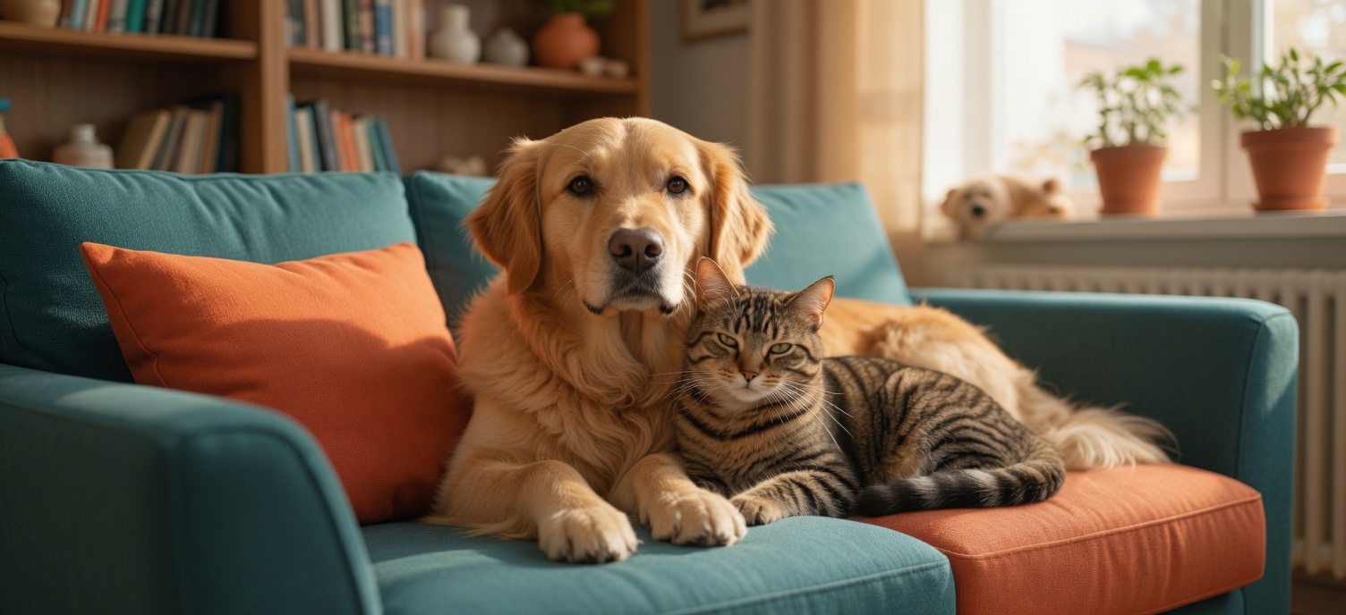 Un perro y un gato felices juntos en un sofá