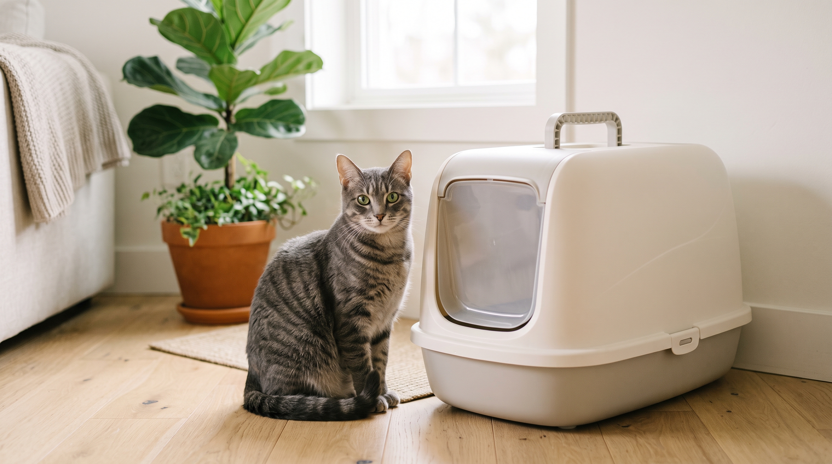 Gato atigrado gris sentado junto a un arenero cubierto en tonos claros, con compuerta y asa, en un salón luminoso