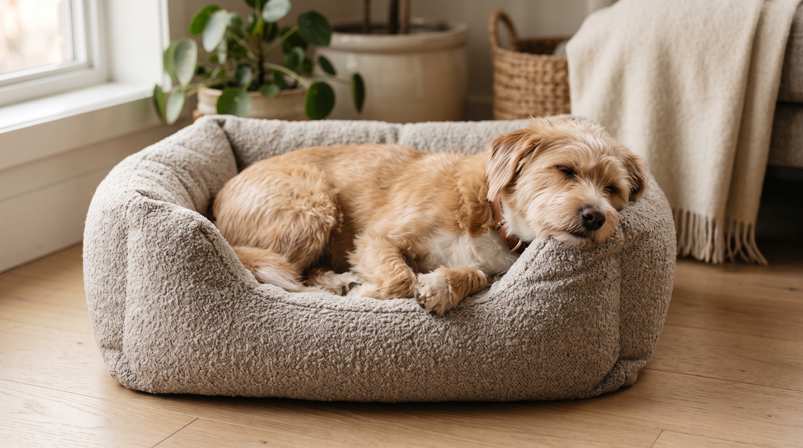 Perro descansando enroscado con la cabeza apoyada en el borde de una cama tipo nido acolchada, en un salón cálido