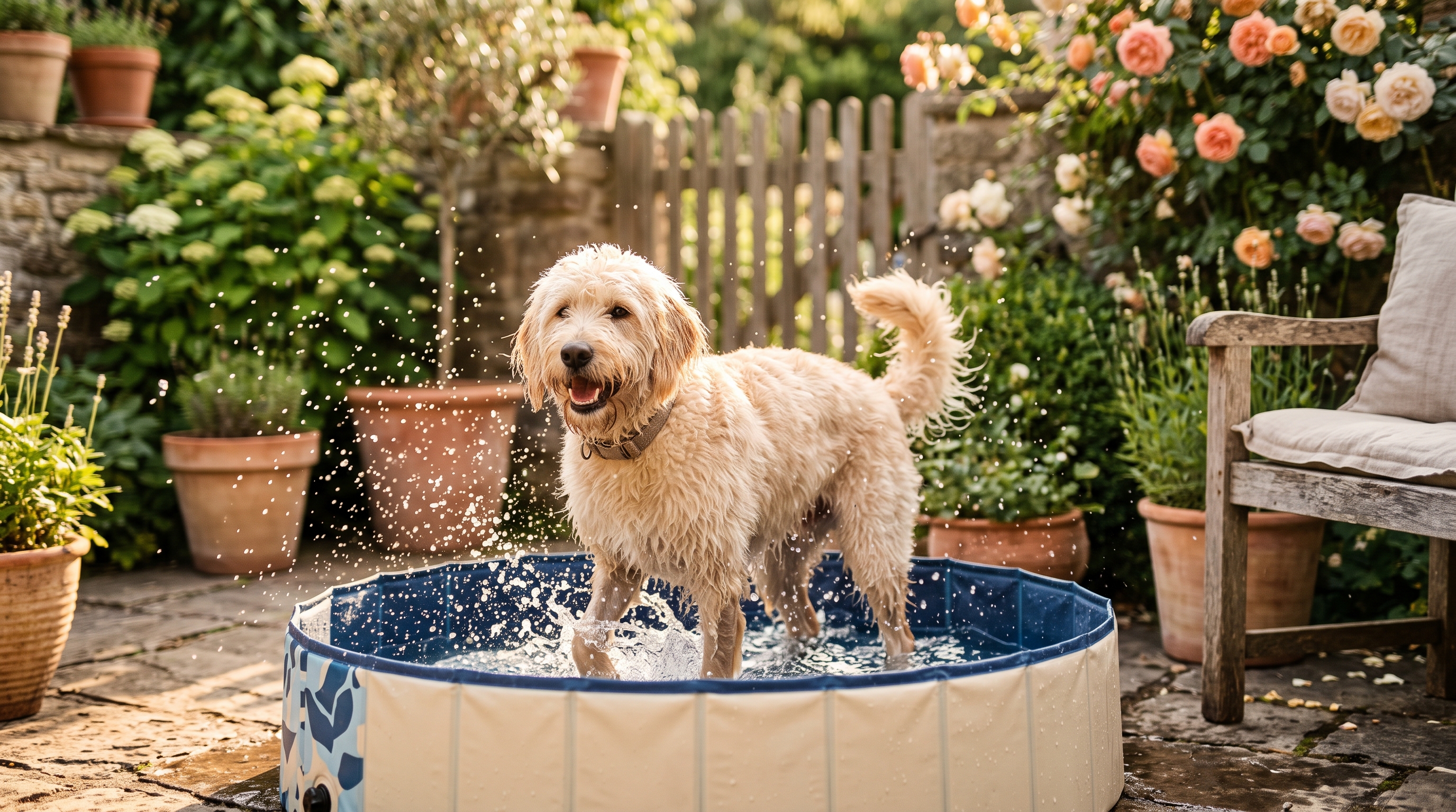 Perro jugando y refrescándose con agua en el jardín una tarde de verano