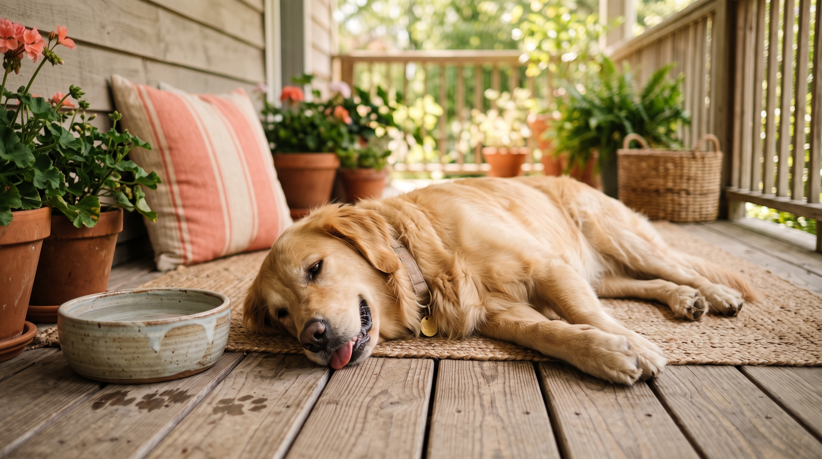 Golden retriever descansando tranquilo a la sombra de un porche junto a su cuenco de agua