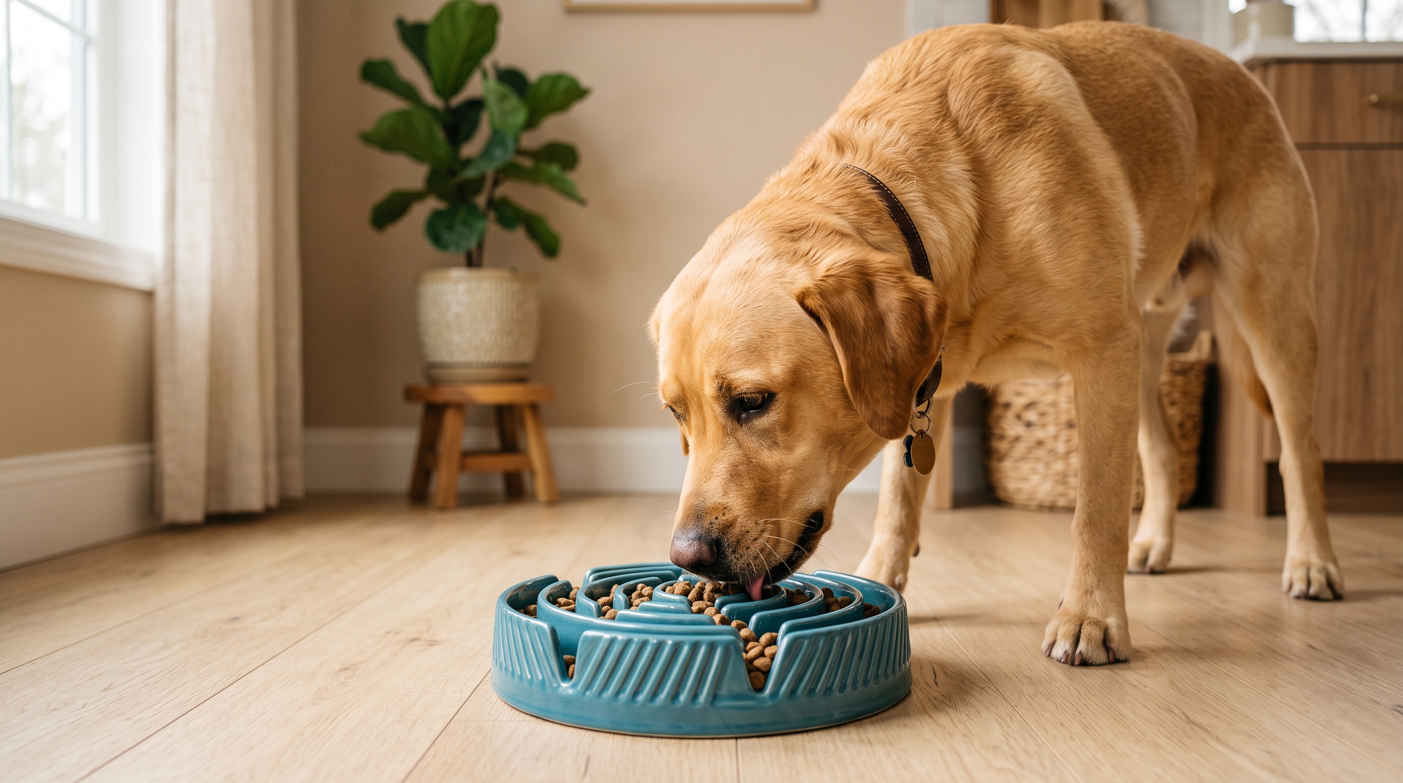Perro labrador comiendo pienso de un comedero antivelocidad con relieves en forma de laberinto, en una cocina luminosa