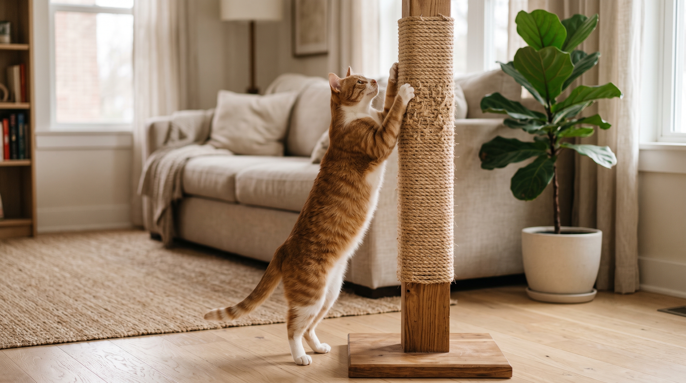 Gato atigrado naranja estirado afilando las uñas en un rascador de poste forrado en sisal, junto al sofá de un salón luminoso
